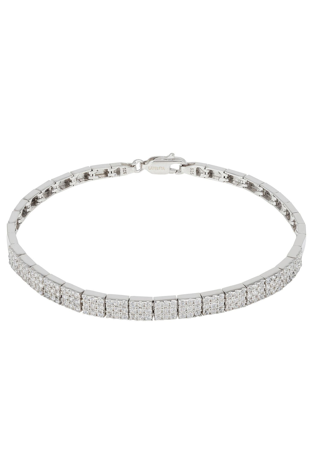 Silver tennis bracelet with rectangular pavé links and box clasp