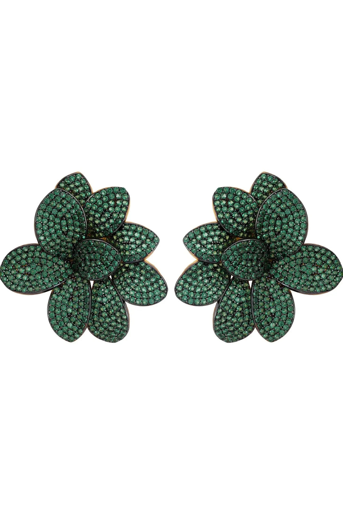Large flower stud earrings with dark green gem petals and gold-tone post