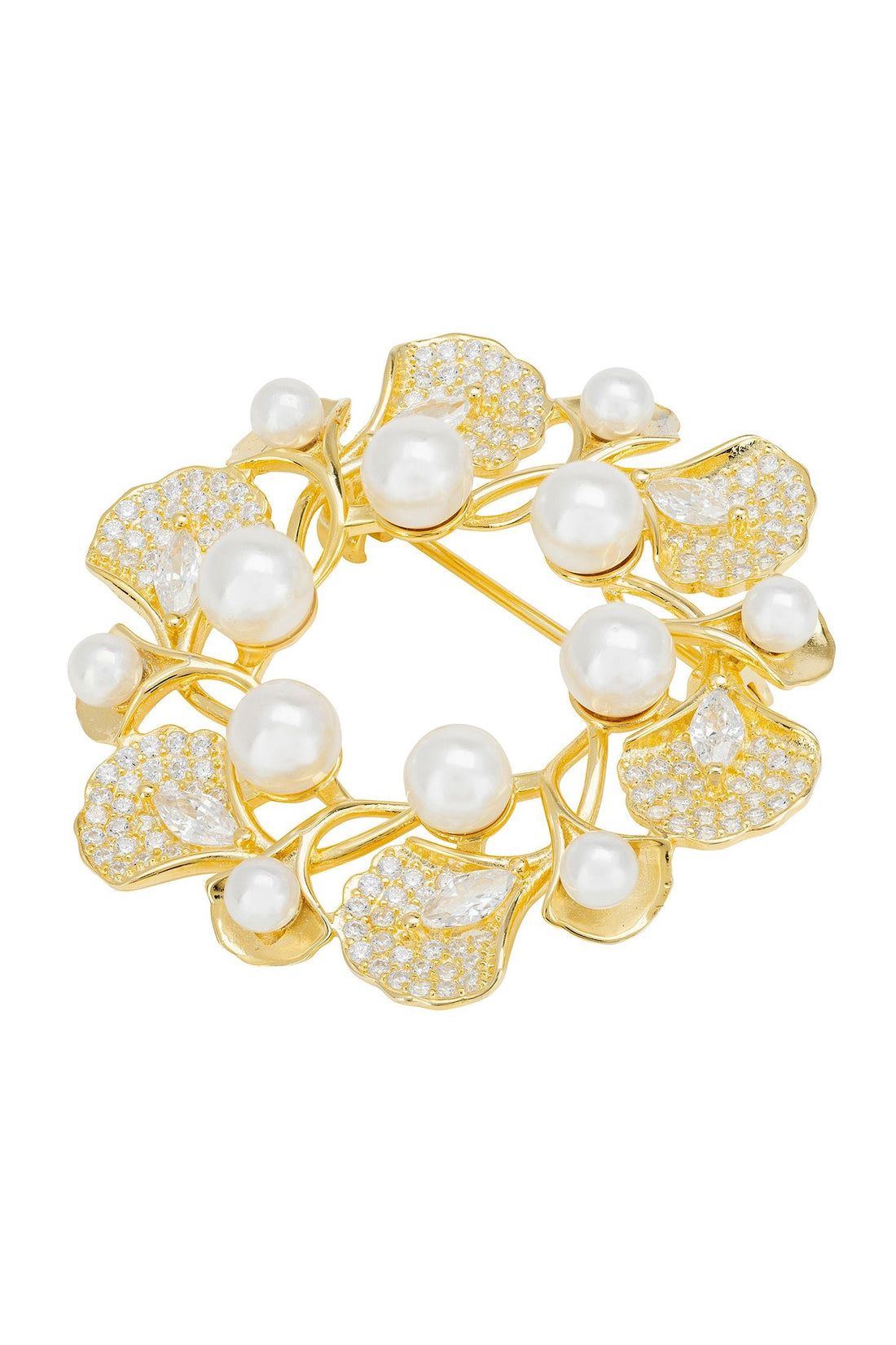 Ginkgo Leaf And Pearl Wreath Brooch Gold-0