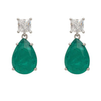 Silver drop earrings with clear square stones and emerald-green teardrop gems