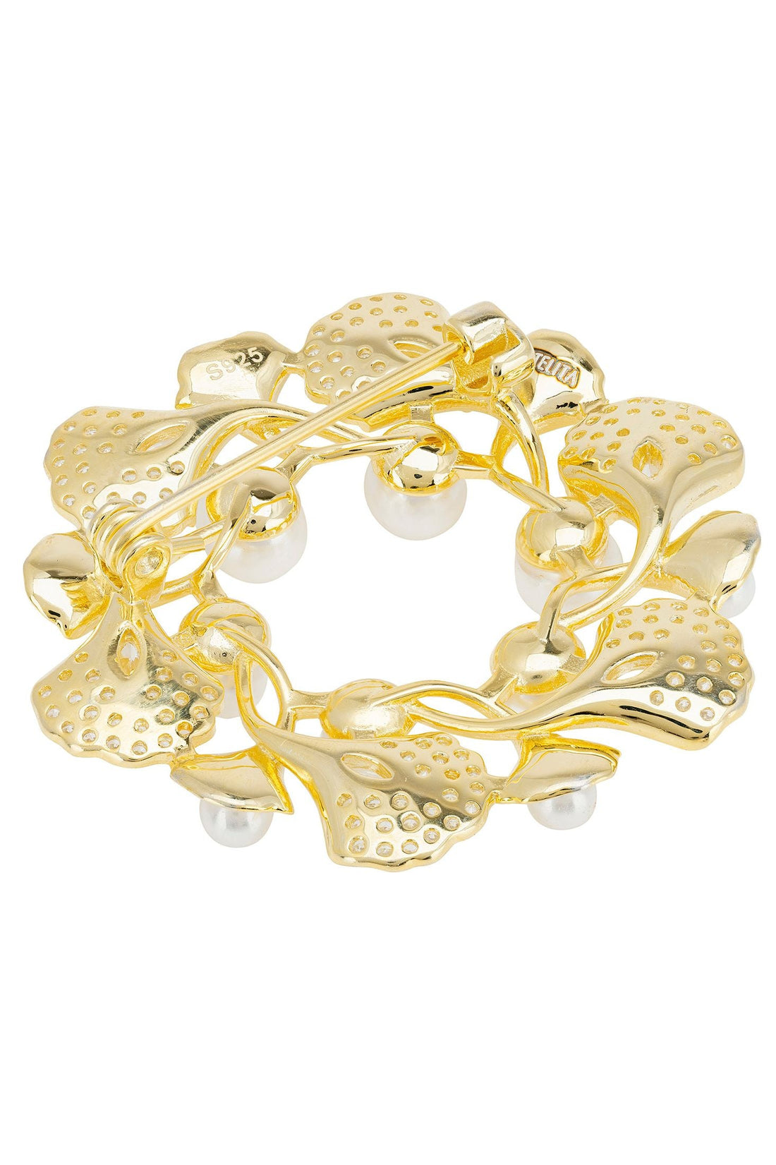 Ginkgo Leaf And Pearl Wreath Brooch Gold-3