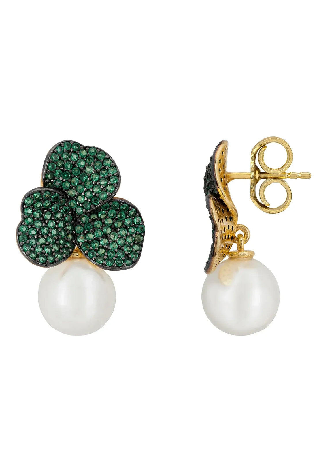 Iris Flower And Pearl Dangle Earrings Emerald Gold-2