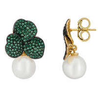 Iris Flower And Pearl Dangle Earrings Emerald Gold-2