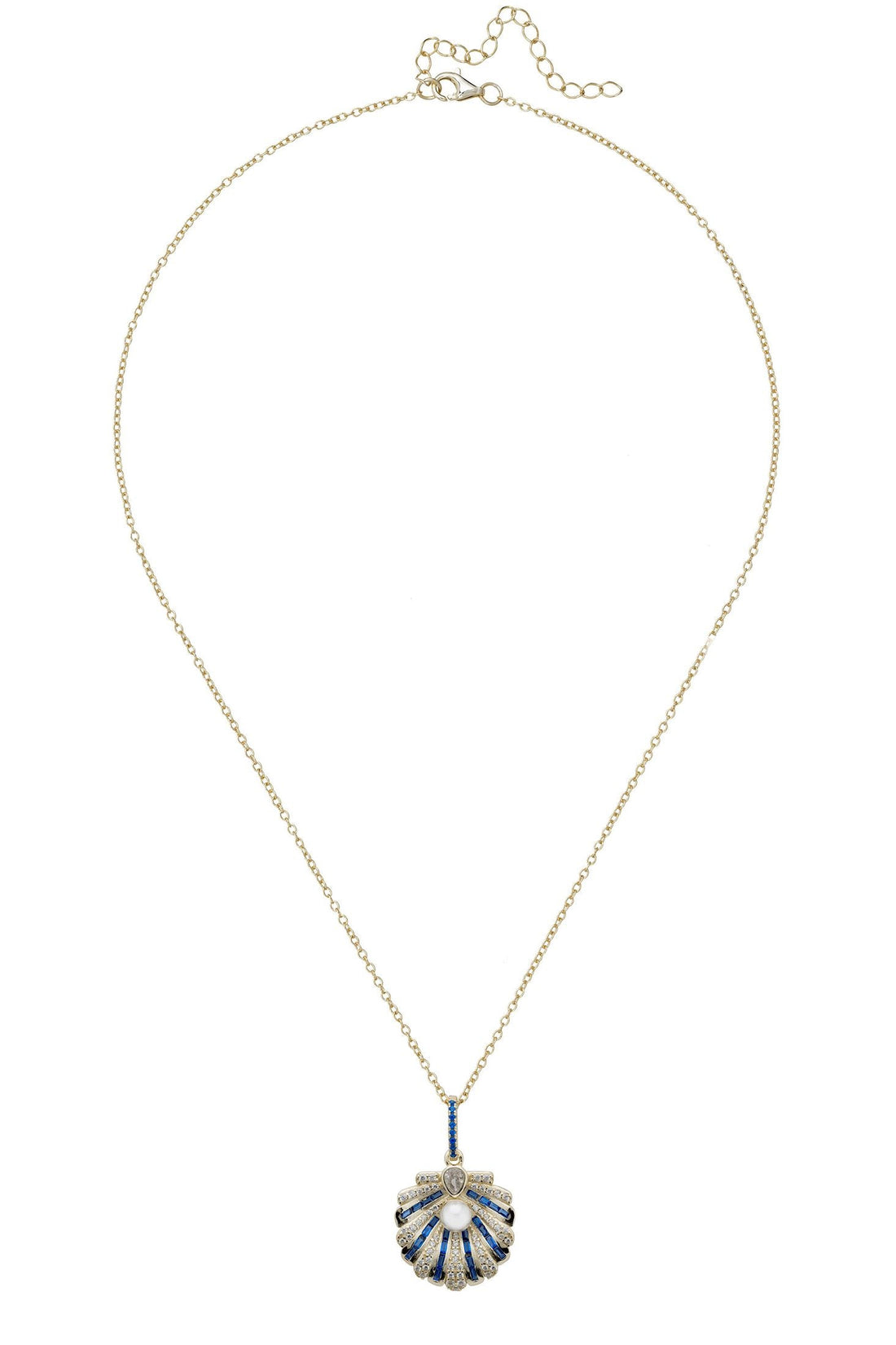 Gold chain pendant necklace with blue scallop shell charm and pearl center