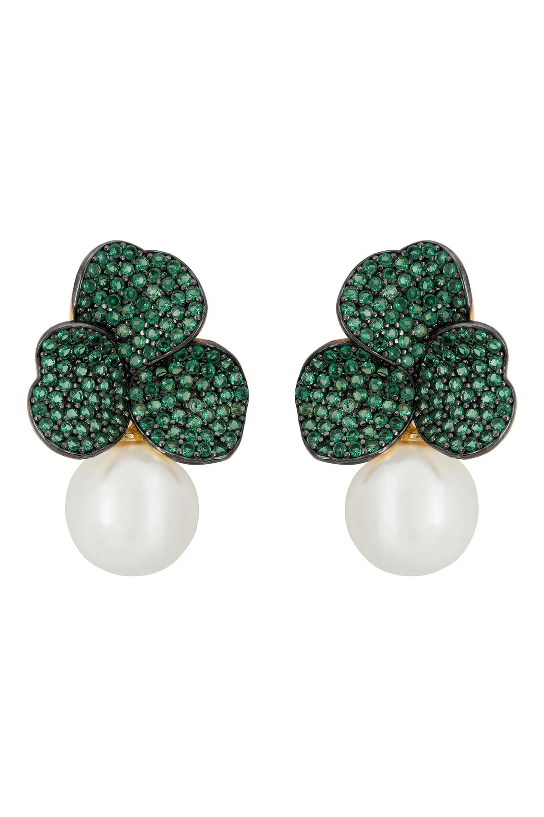Iris Flower And Pearl Dangle Earrings Emerald Gold-0