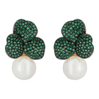 Iris Flower And Pearl Dangle Earrings Emerald Gold-0