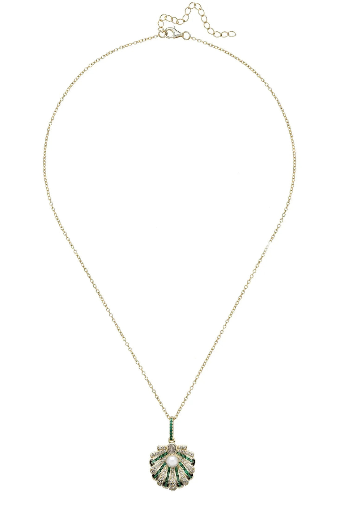 Art deco shell pendant necklace on gold chain with emerald center and clasp