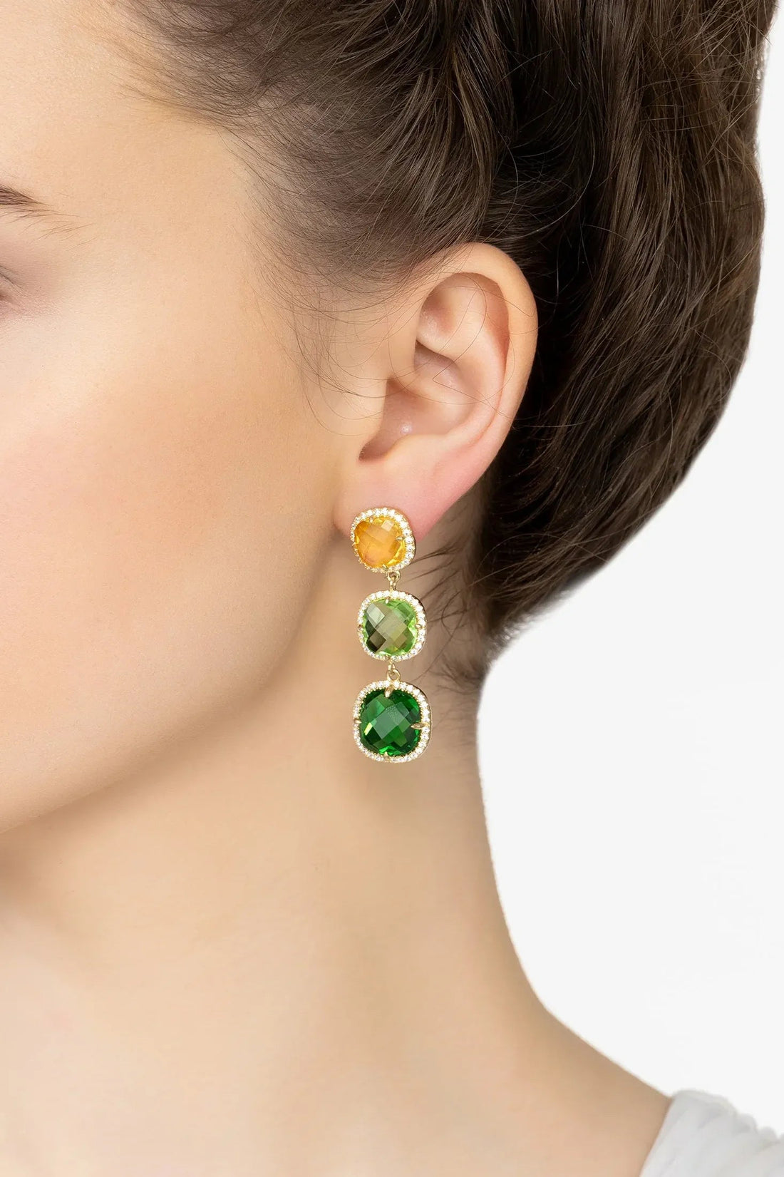 Gold-tone earrings with stacked yellow and green gemstone round drop discs