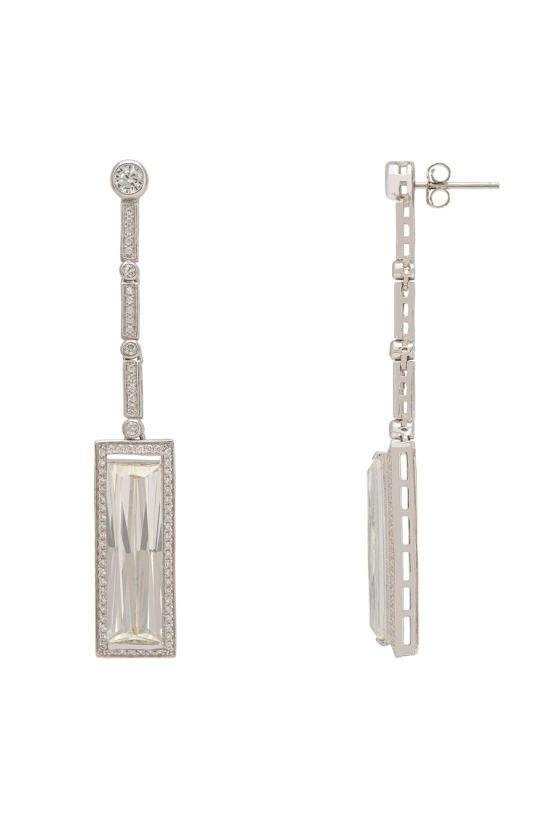 Silver drop earrings with rectangular crystal-like center and stud post back