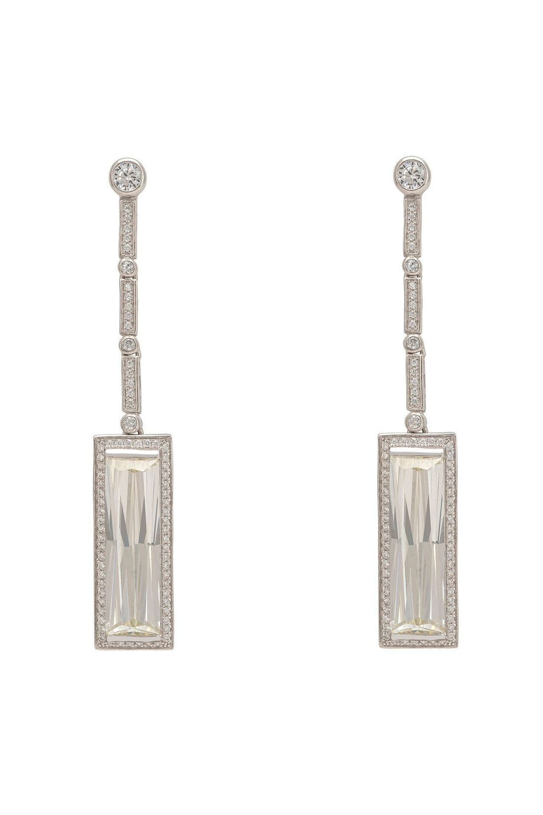 Silver drop earrings with rectangular crystal-like dangles and pave sparkle