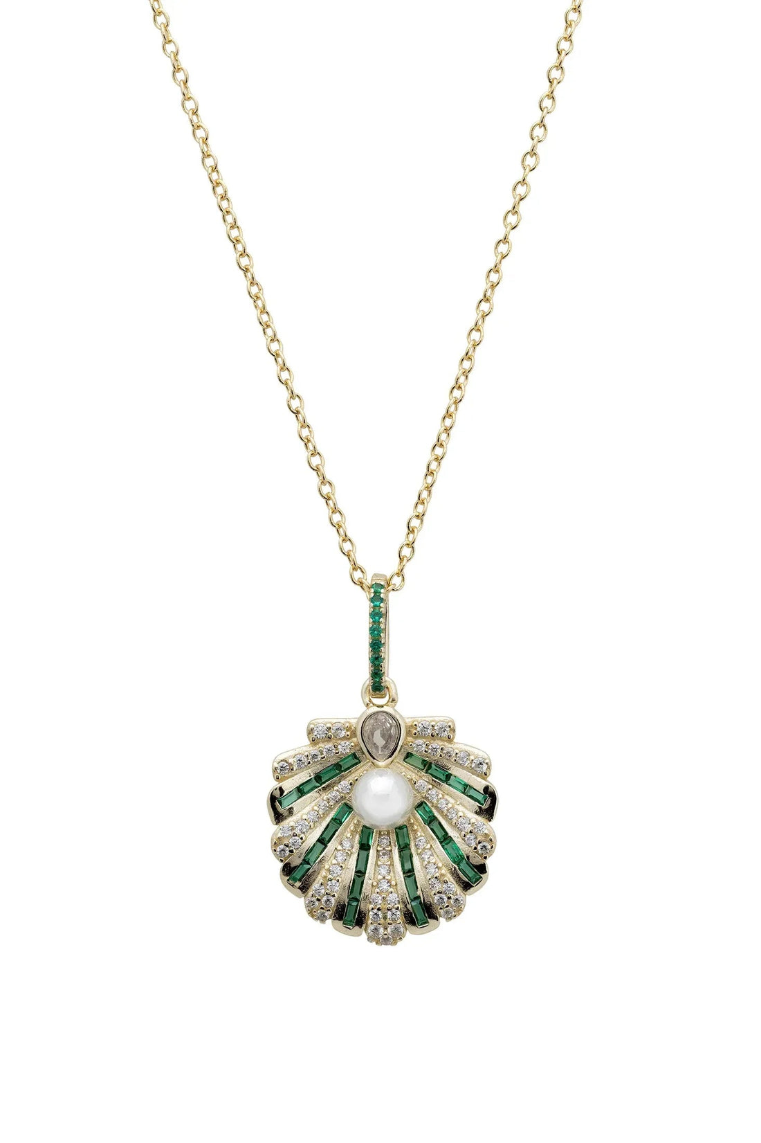 Art deco shell pendant necklace with emerald accents, pearl center, gold chain