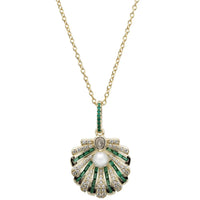 Art deco shell pendant necklace with emerald accents, pearl center, gold chain