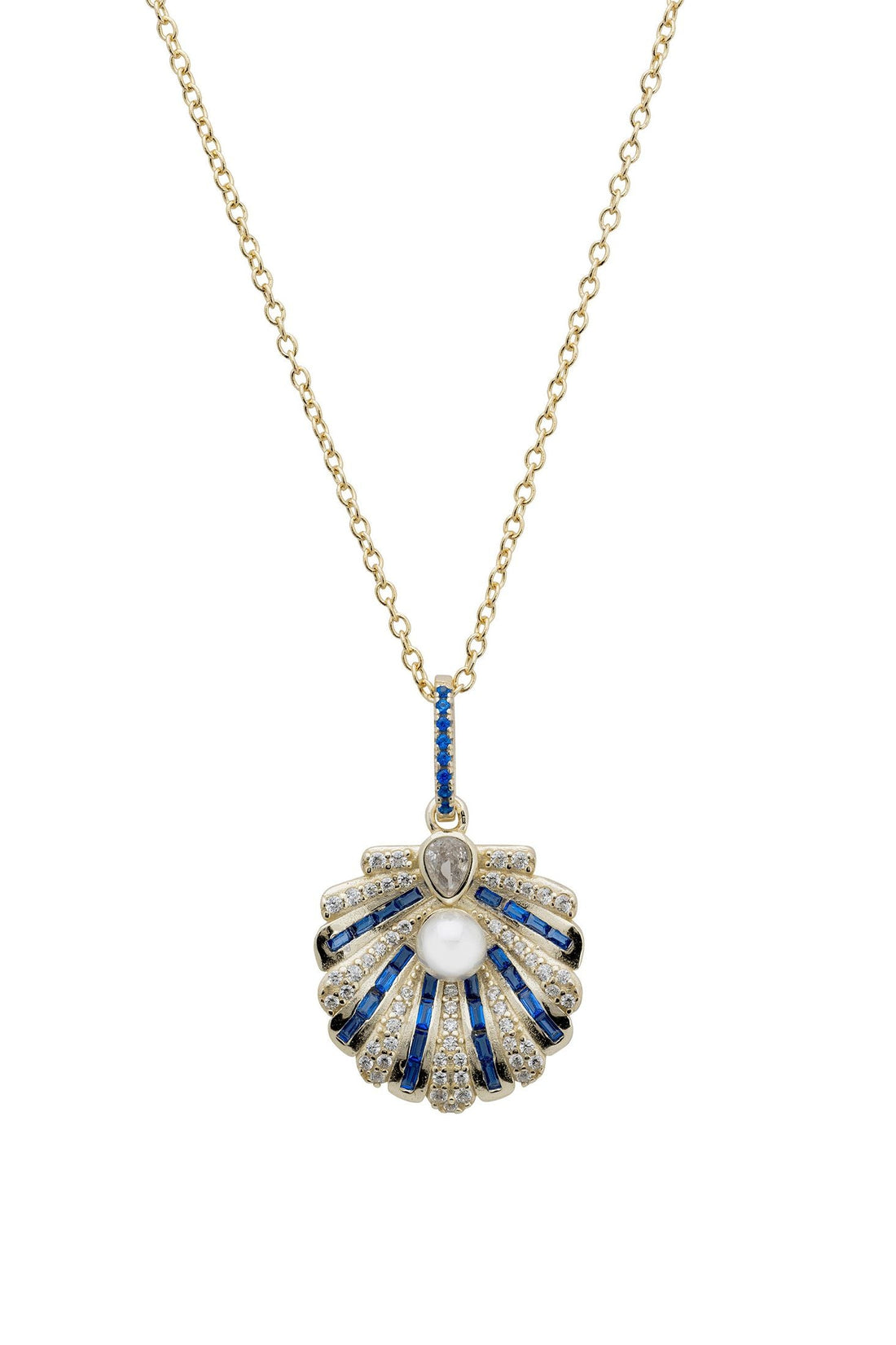 Gold chain necklace with blue scallop shell pendant, pearl center and sapphire accents