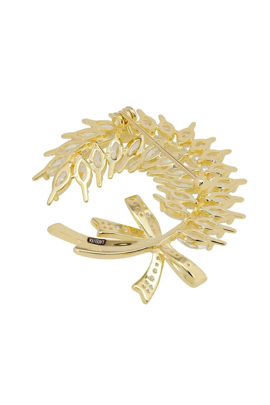Gold-toned laurel and ribbon brooch with openwork design and crystal-like details