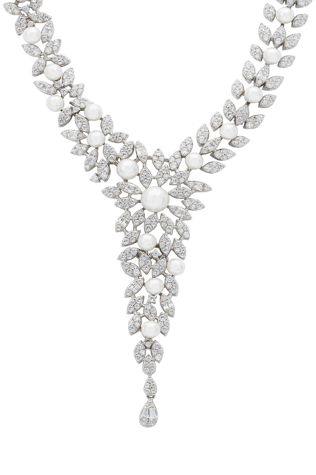 Silver statement necklace with marquise rhinestones and dangling teardrop charm