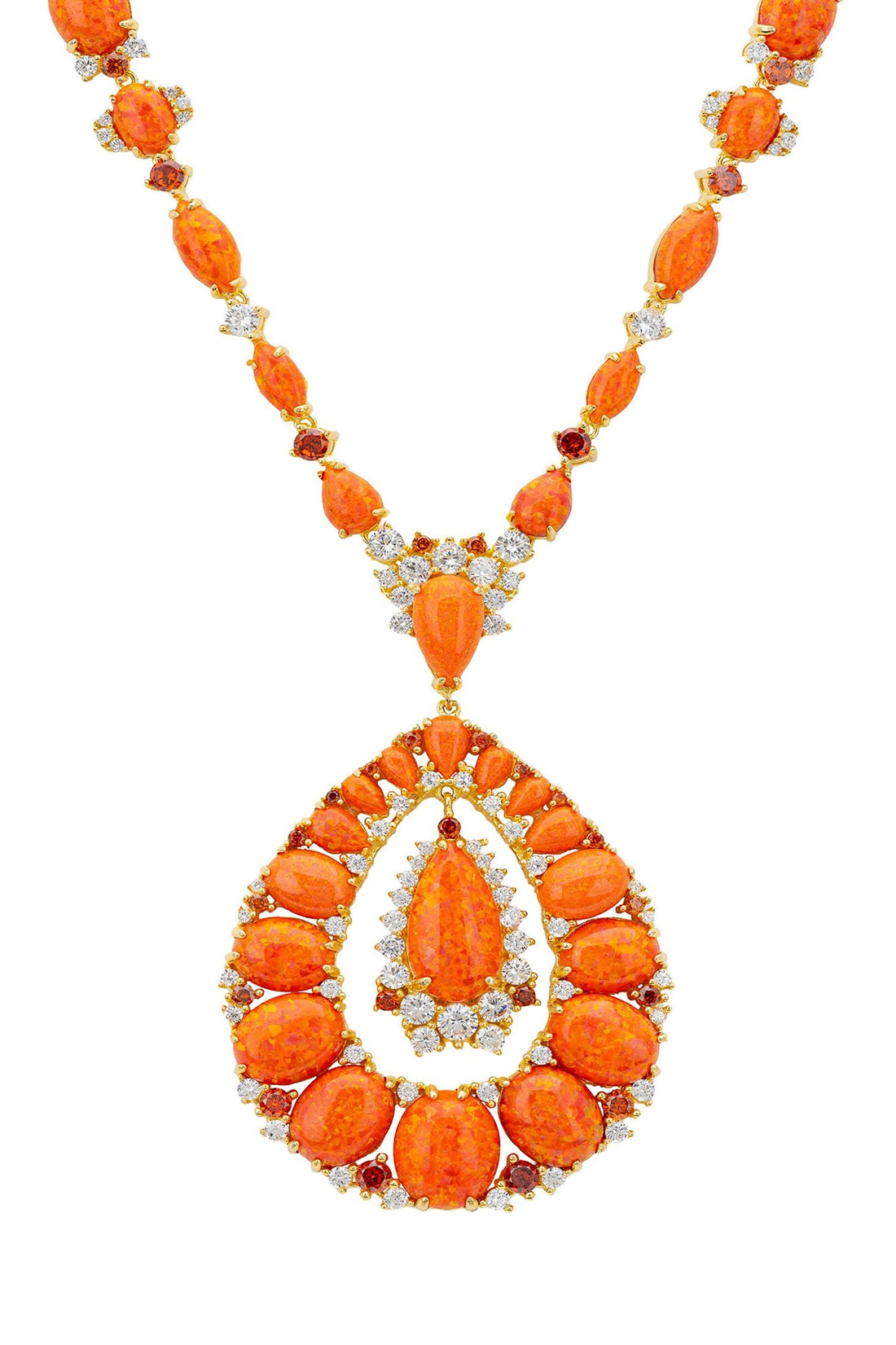 Gold-tone statement necklace with orange teardrop cabochon and crystal halo accents