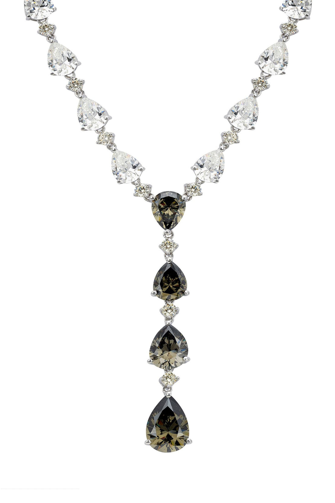 Statement necklace with smokey quartz teardrops and clear crystals in silver