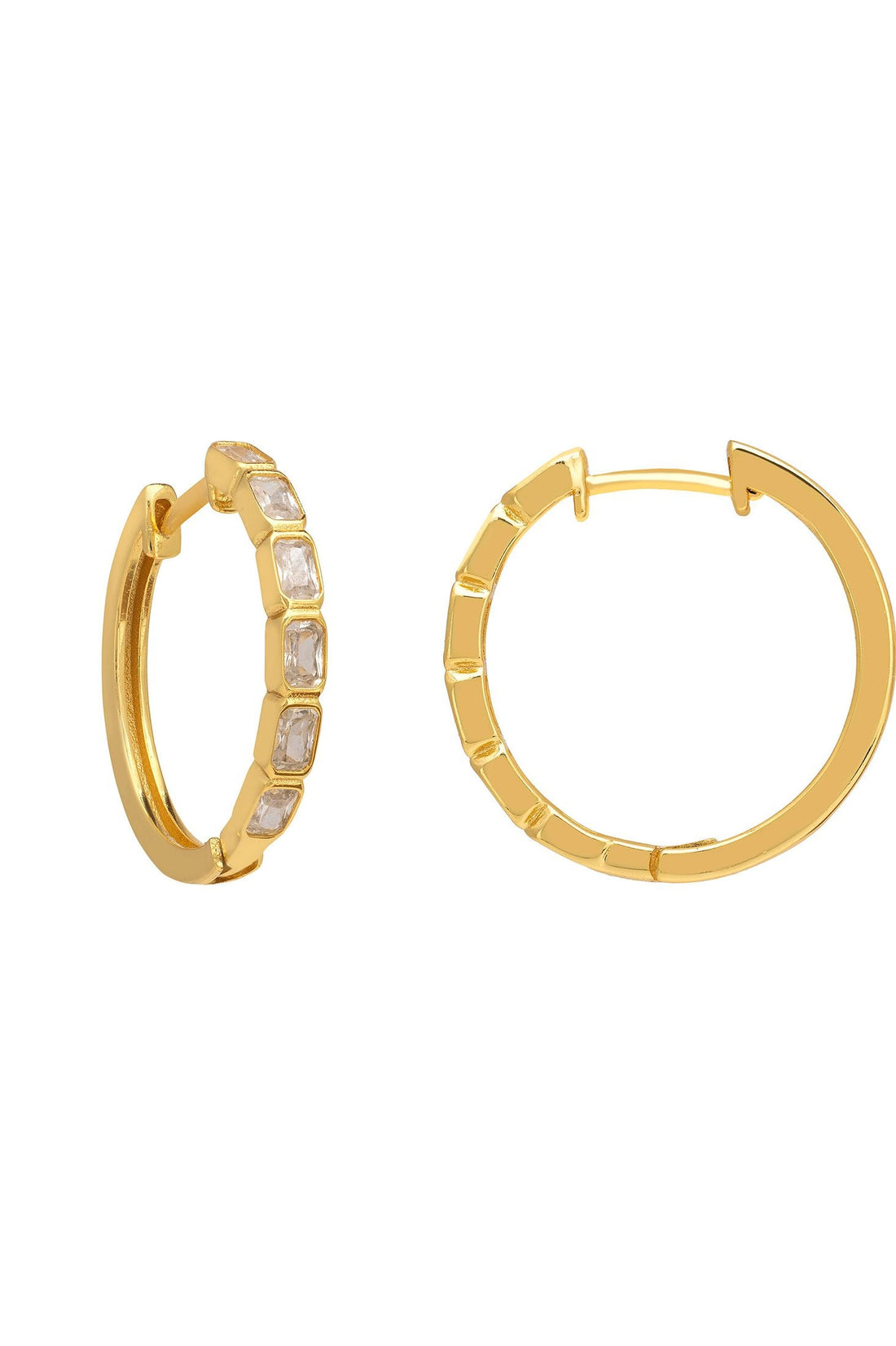Gold hoop earrings with baguette-cut clear stones, front view pair