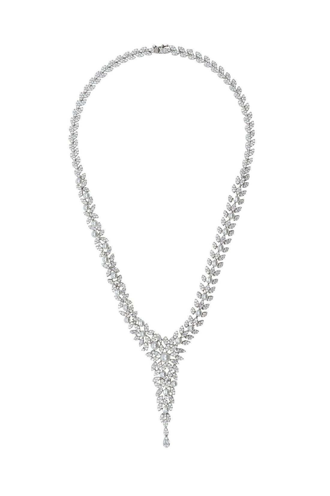 Silver rhinestone teardrop drop necklace with cascading fringe tassel