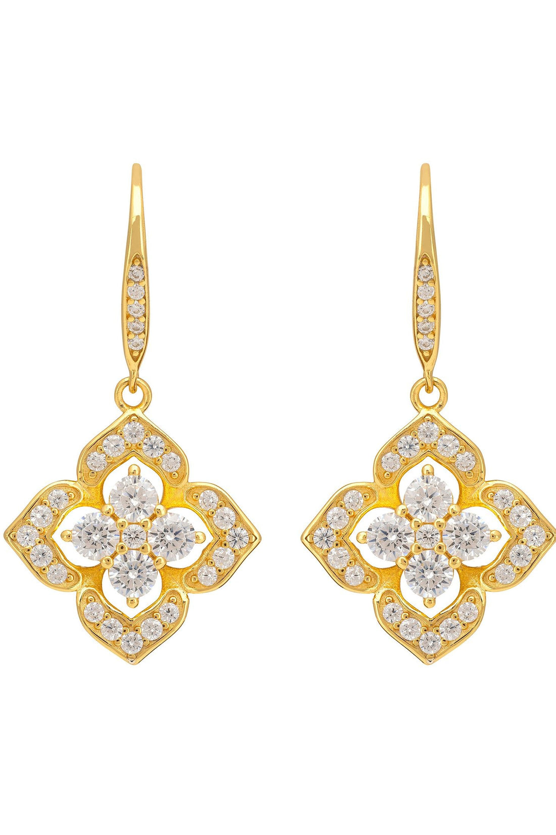 Pointed Cz Clover Flower Drop Earrings Gold-0