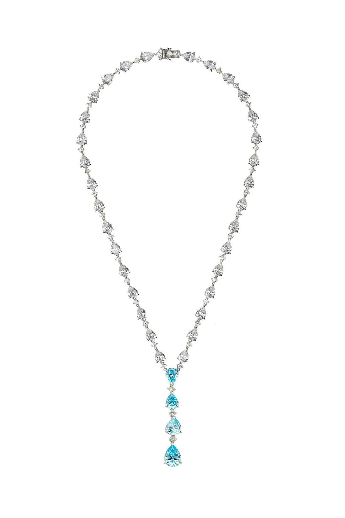 Silver necklace with blue topaz drops and a continuous row of clear crystal stones