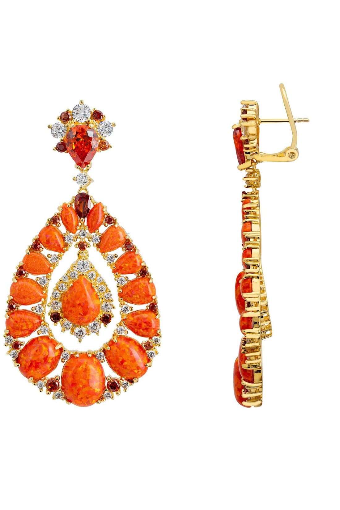 Gold fire opal drop earrings with orange teardrop stones and hinged clip-back