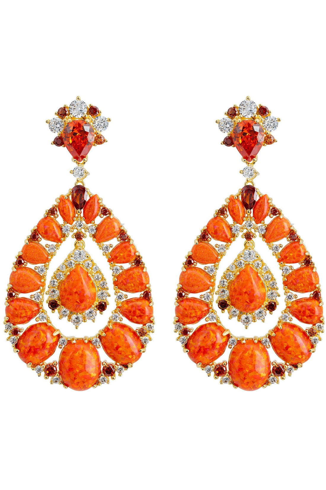 Gold fire opal teardrop drop earrings with orange stones and clear crystal accents
