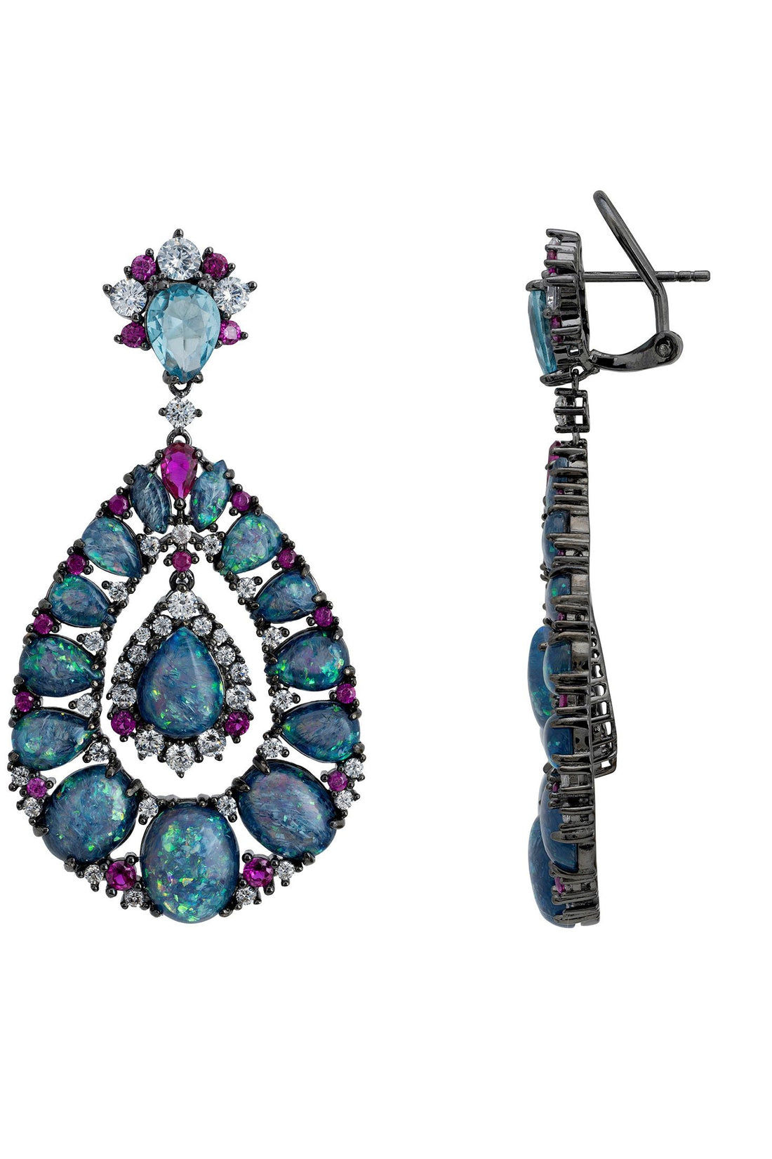Oxidized silver drop earrings with blue opal teardrops and multi-stone detailing