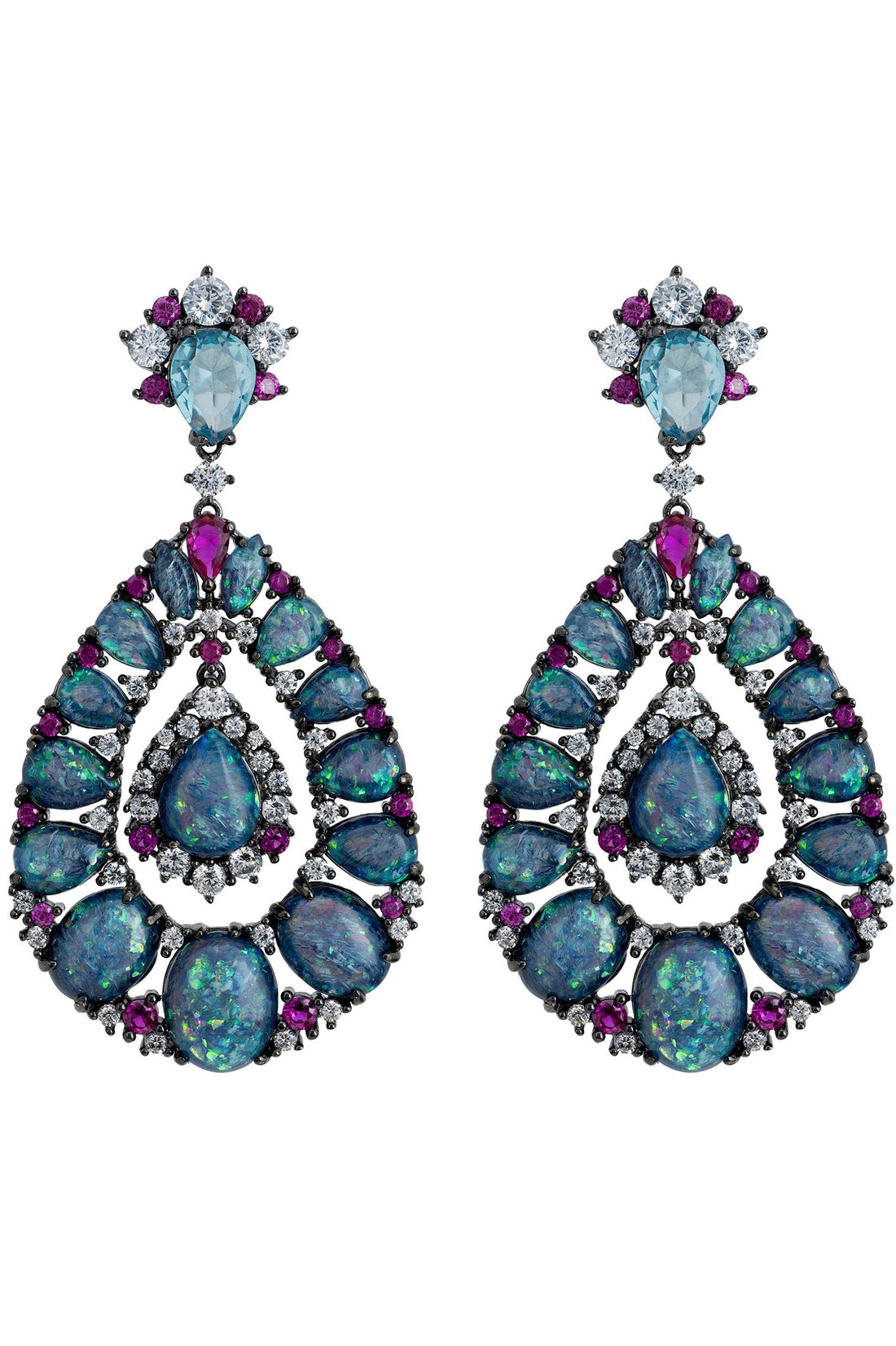 Oxidized silver drop earrings with blue opal teardrop and purple gem accents