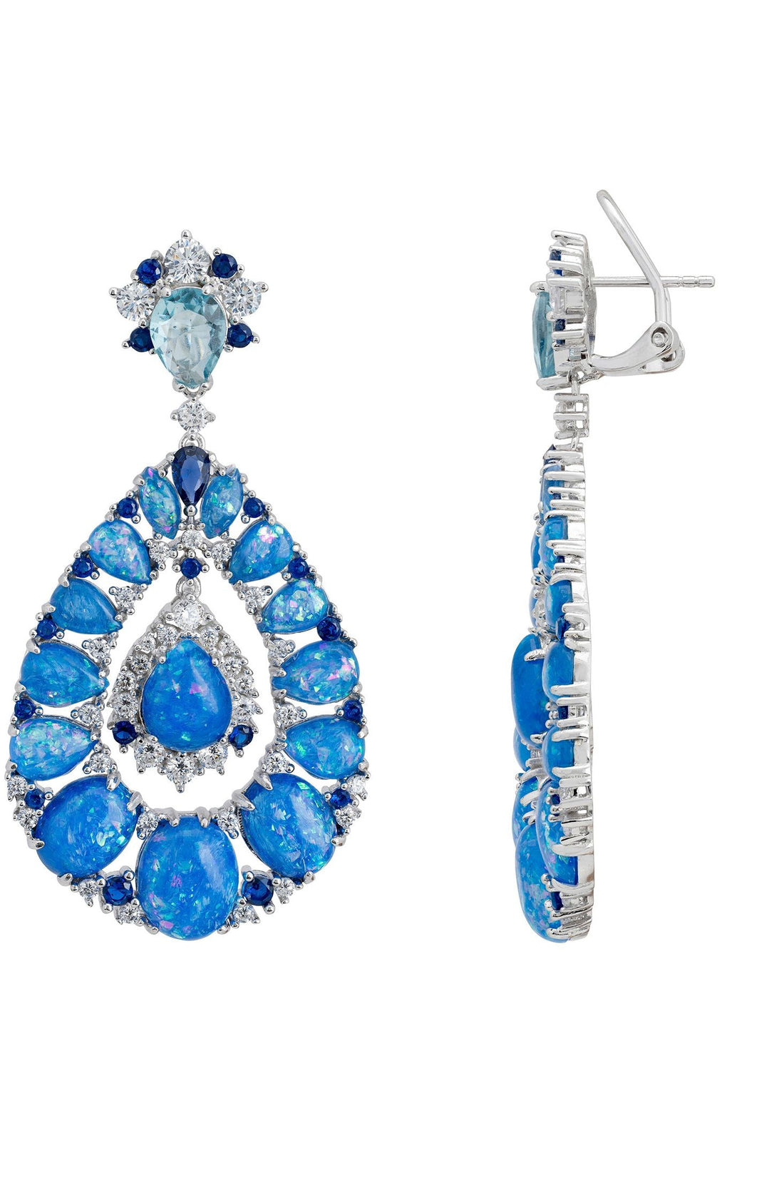 Silver drop earrings with blue teardrop gemstone clusters and visible hinge clasp