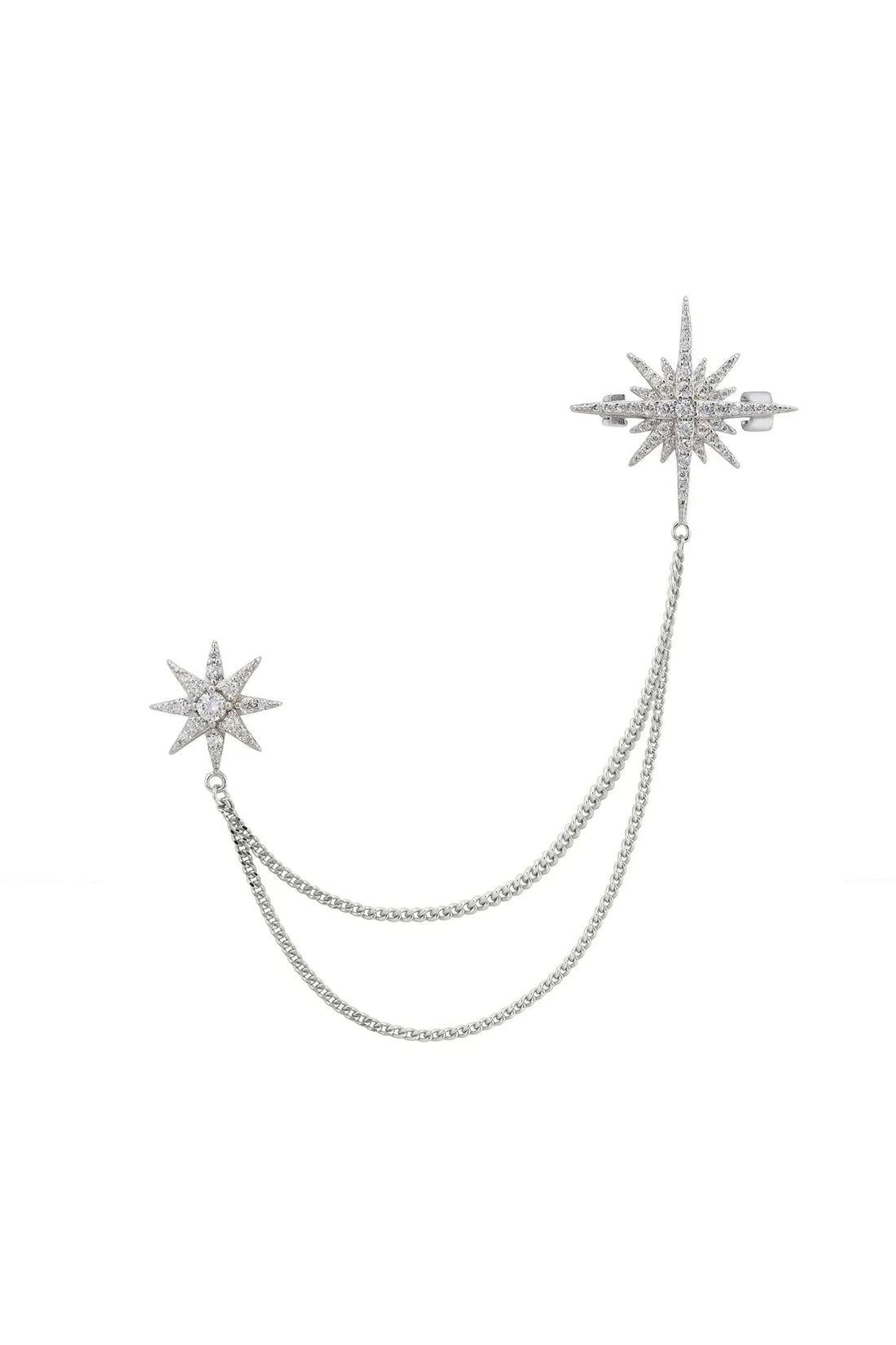 Silver starburst brooch with U-shaped chain and pin backing