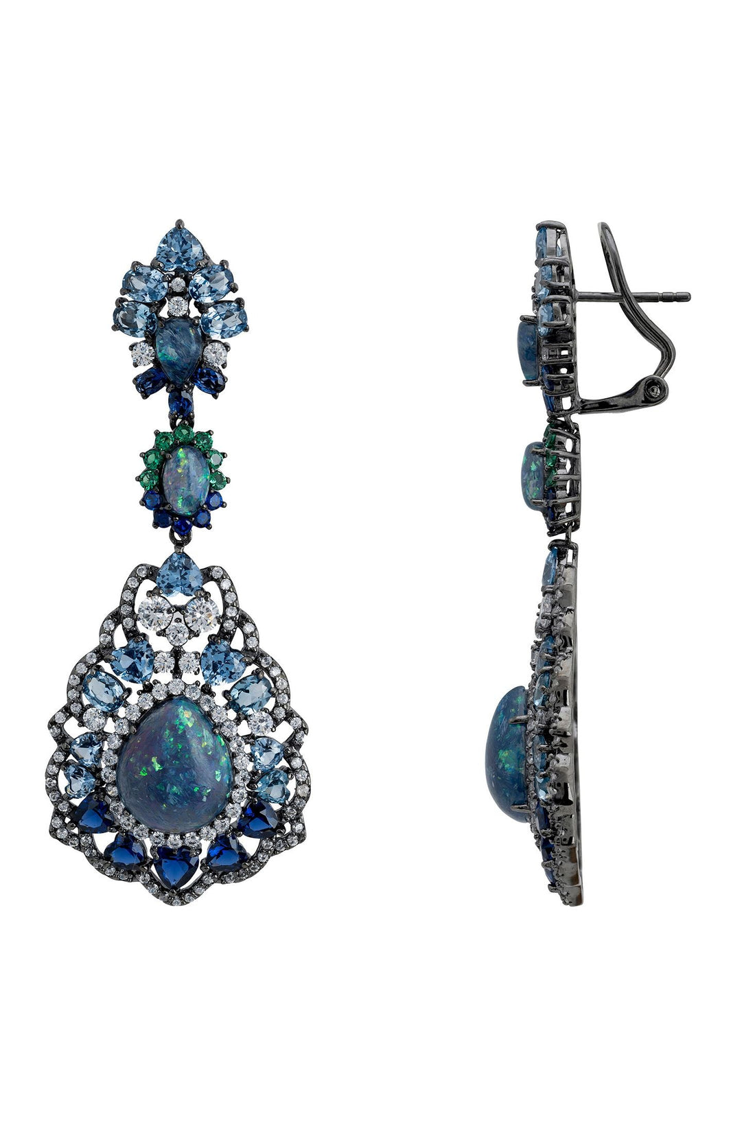 Blue and green opal drop earrings shown from side, oxidized silver-tone