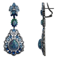 Blue and green opal drop earrings shown from side, oxidized silver-tone