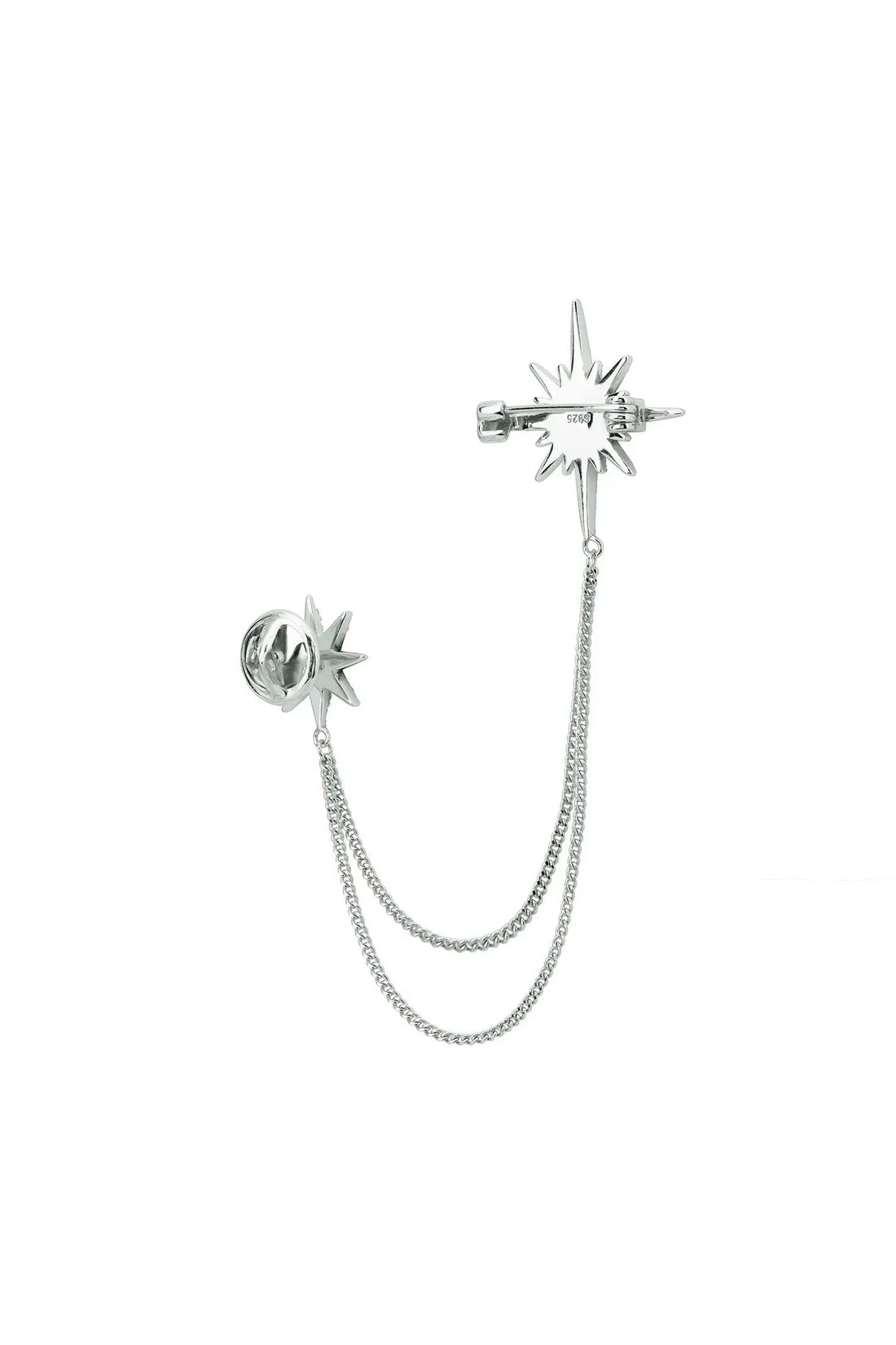 Silver starburst brooch with dangling chain and round back clasp