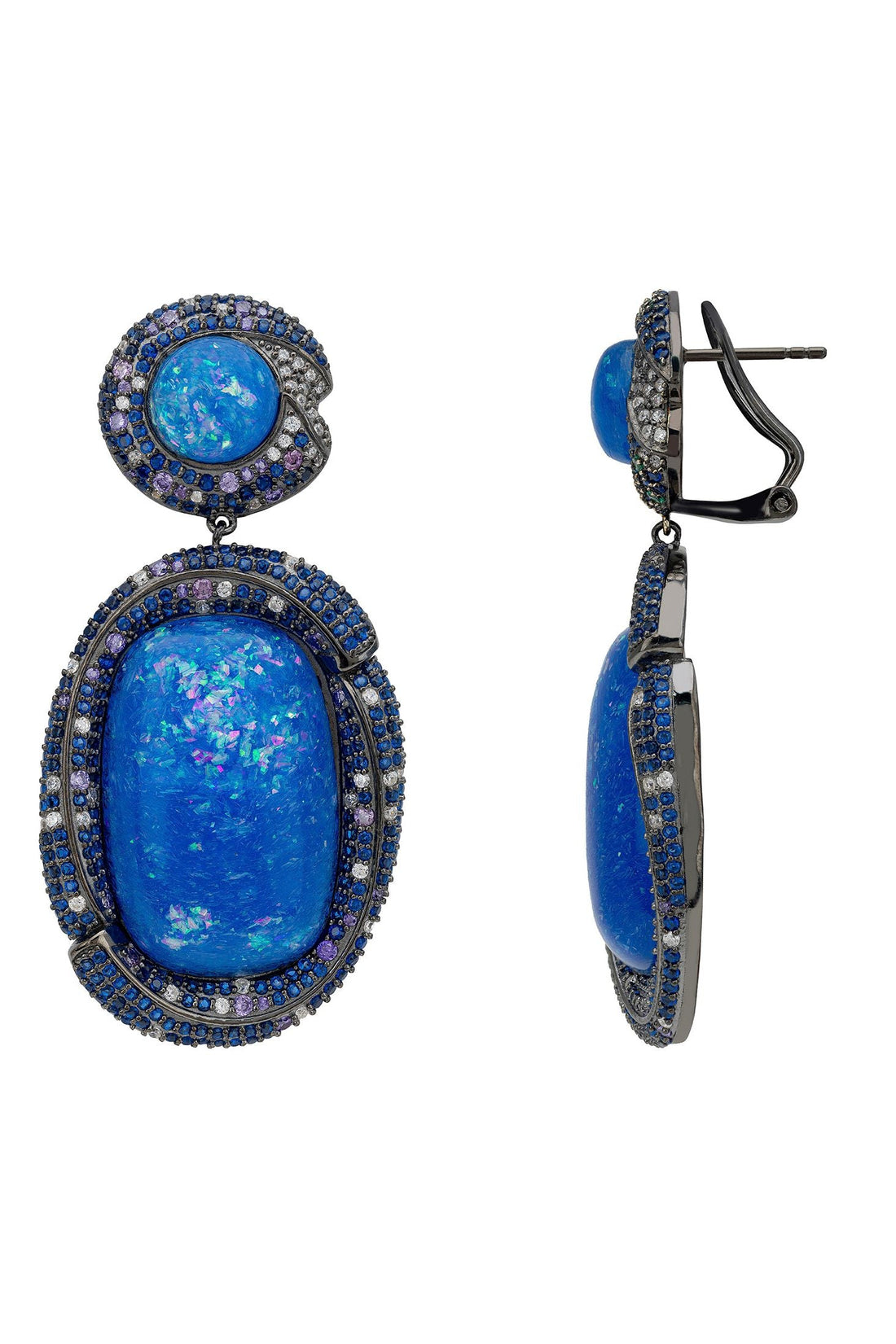 Blue opal drop earrings, front and back views with silver-toned hooks