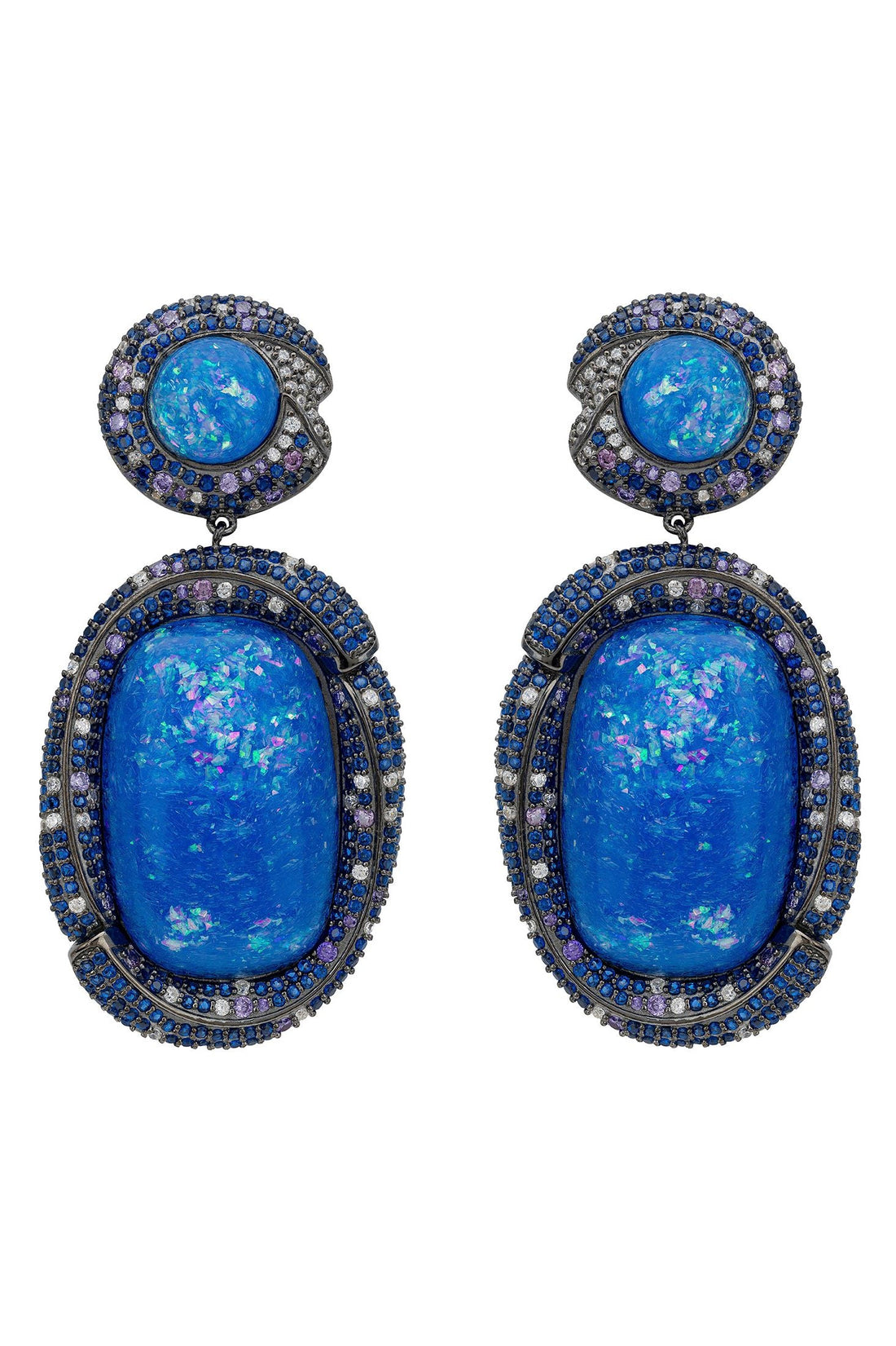 Blue opal drop earrings in oxidized silver with round stud and oval drop