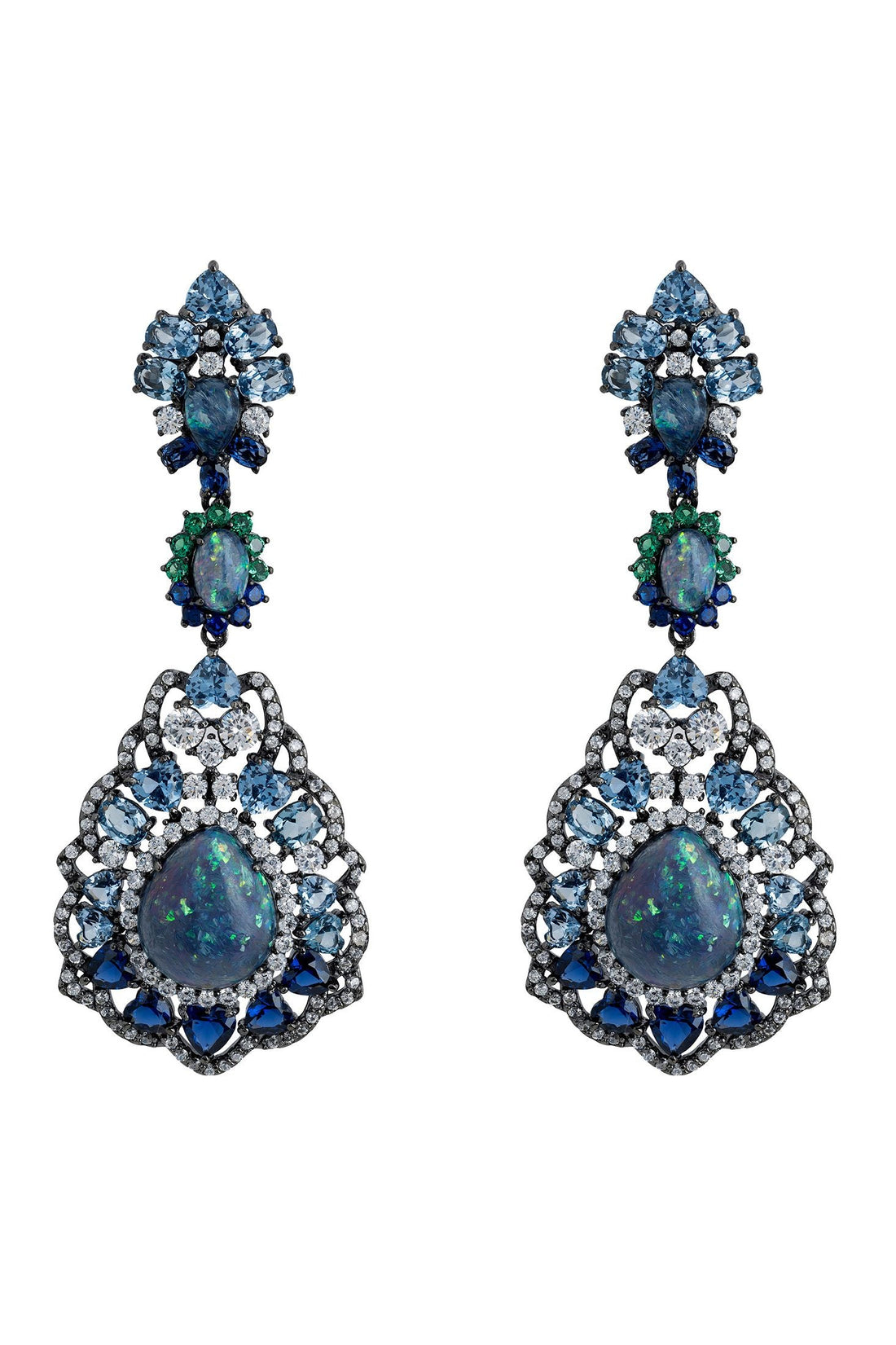 Blue and green opal drop earrings with oxidized silver-tone settings