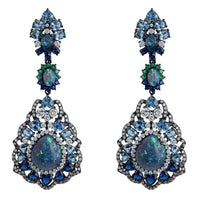 Blue and green opal drop earrings with oxidized silver-tone settings