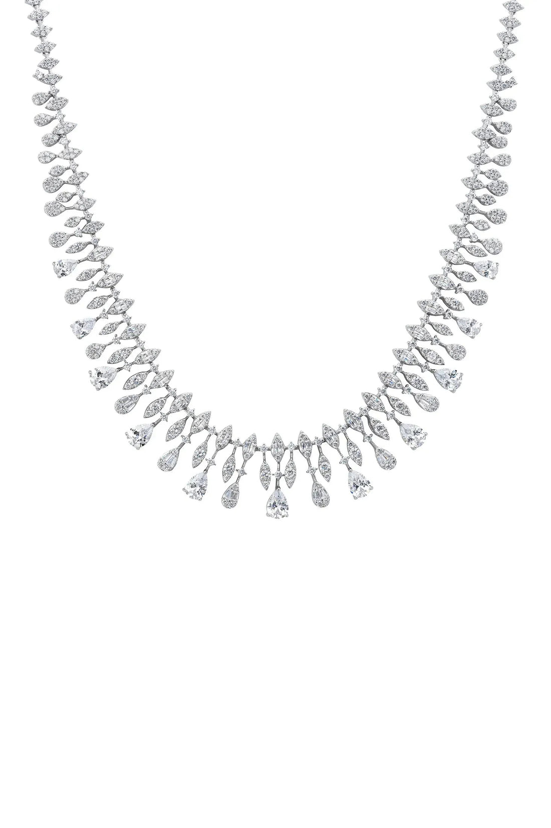Silver crystal statement necklace with pear-drop fringe and teardrop centerpiece