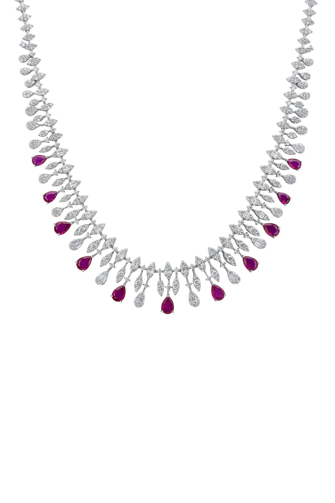 Silver statement necklace with purple teardrop gems and small clear stones.