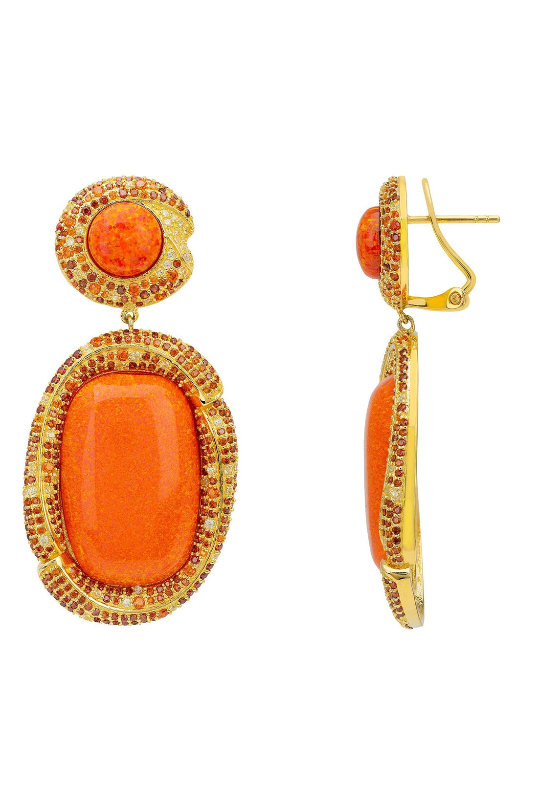 Gold drop earrings with oval orange cabochons and textured setting, hook backs