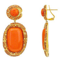 Gold drop earrings with oval orange cabochons and textured setting, hook backs