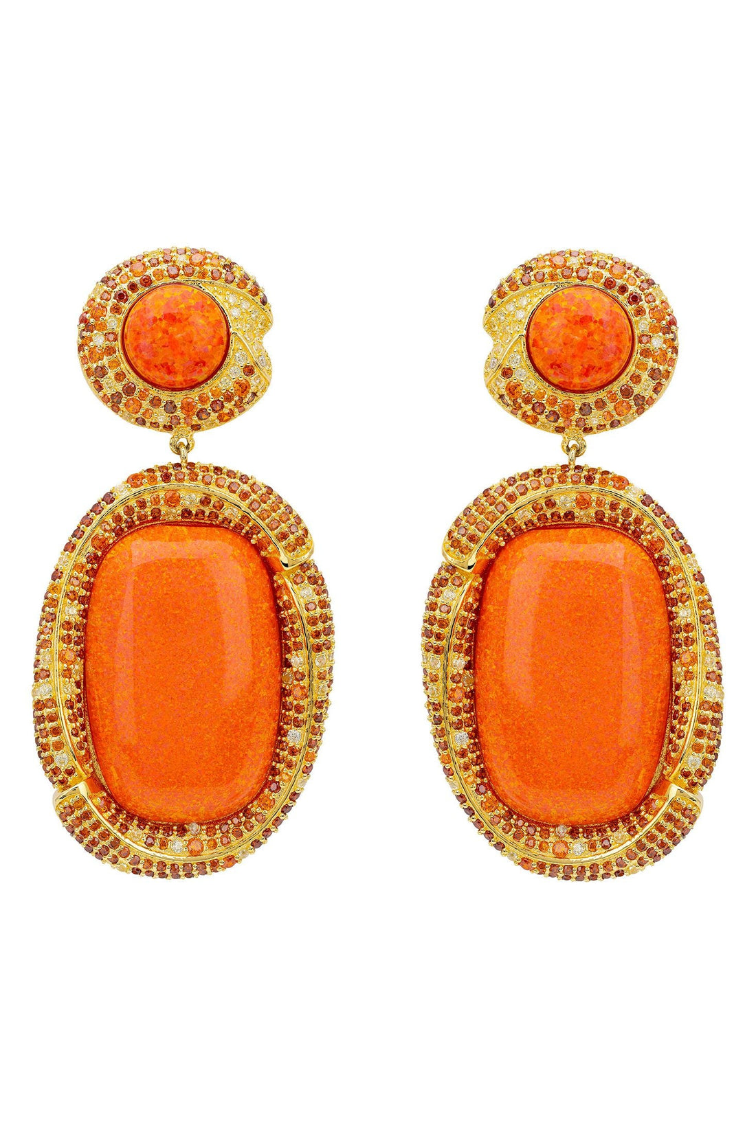 Gold drop earrings with round and oval orange cabochons in textured jeweled settings