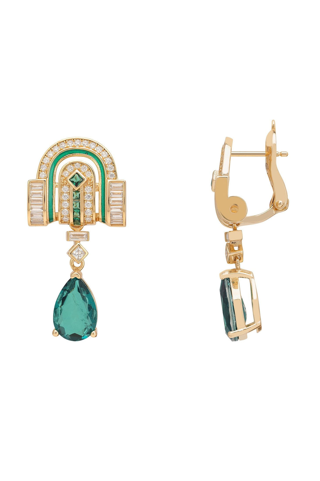 Gold-tone drop earrings with emerald-green teardrop stones and geometric side details