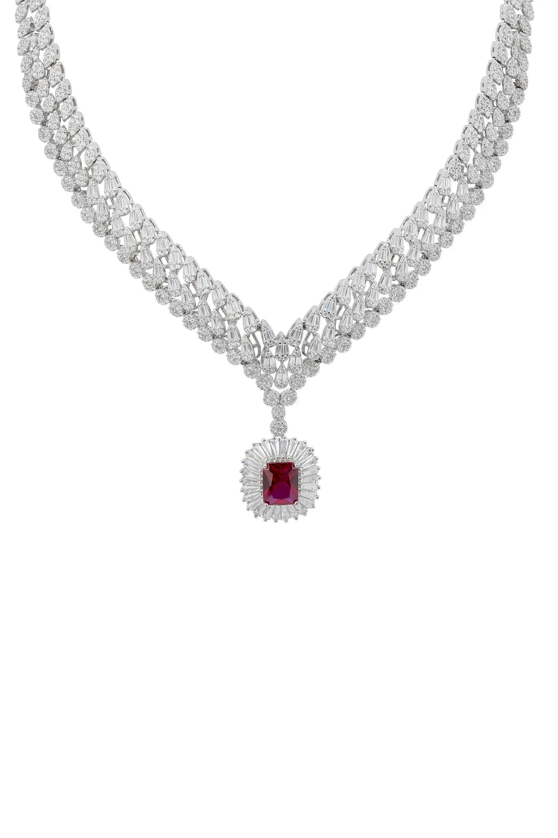 Silver-toned rhinestone statement necklace with ruby-red pendant centerpiece
