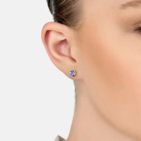 Gold heart stud earrings with blue asscher-cut gemstone