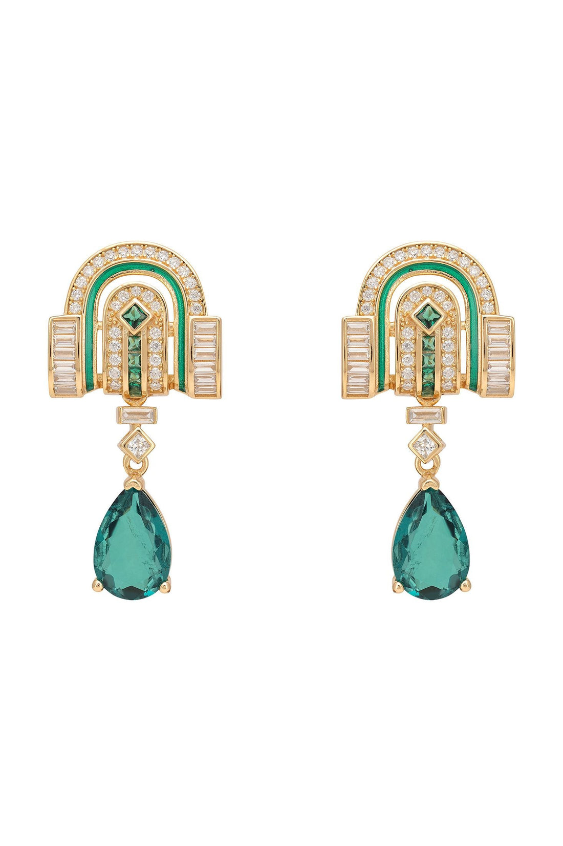 Art Deco drop earrings with emerald-green teardrop stones and gold-tone arch settings