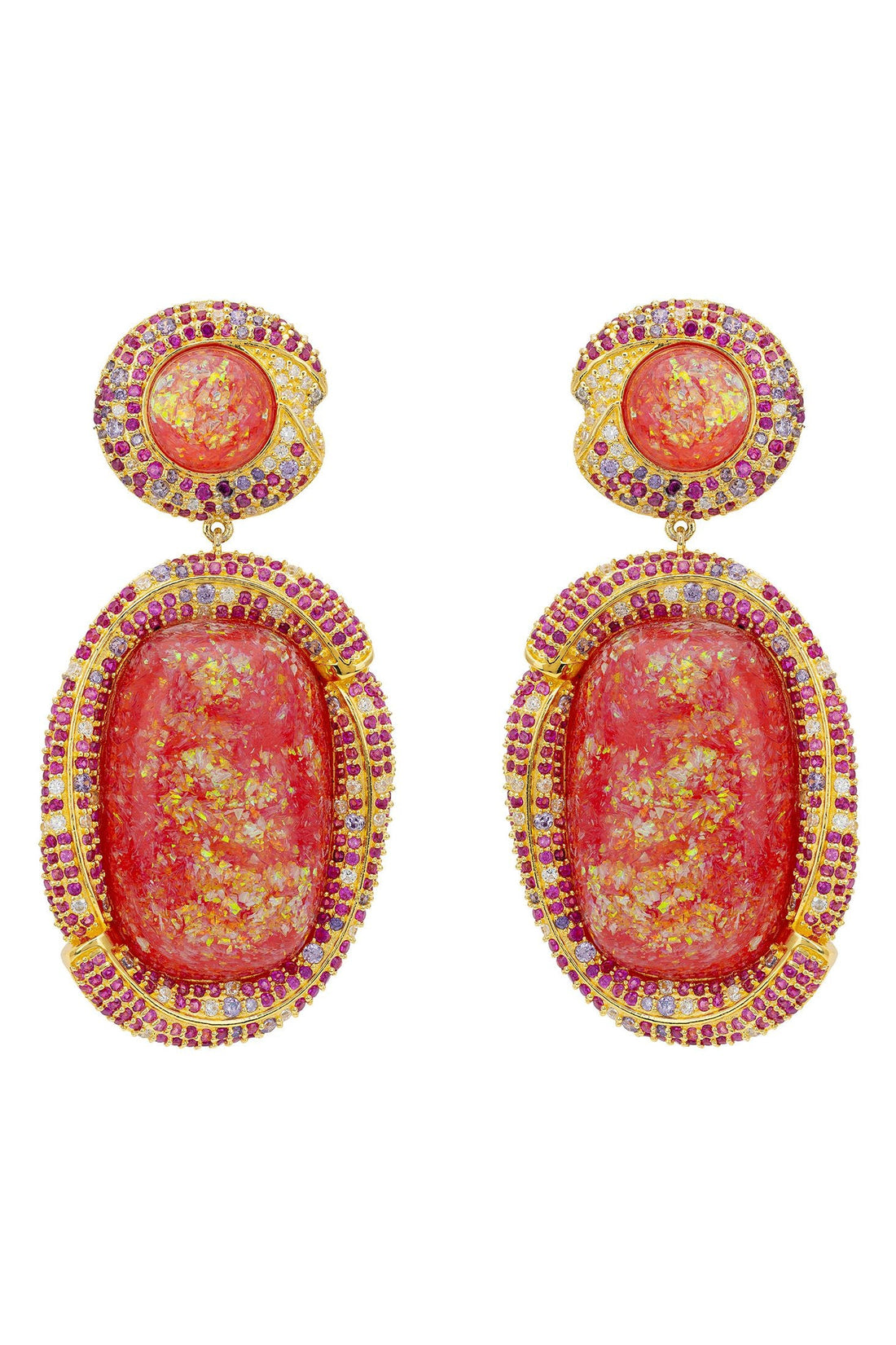 Gold drop earrings with pink opal stones and pavé accents
