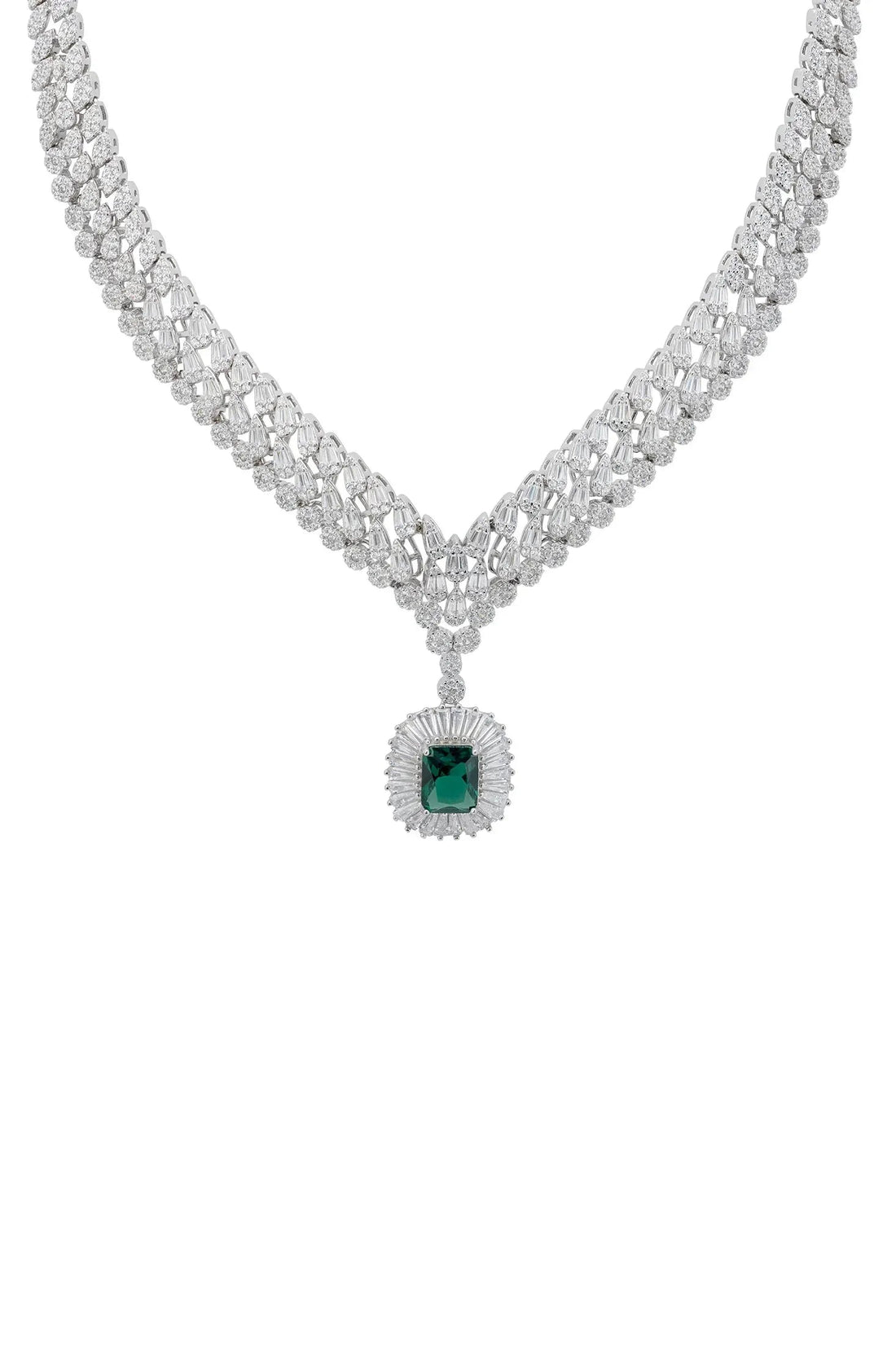 Silver rhinestone statement necklace with emerald-cut pendant and teardrop center detail