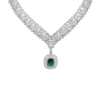 Silver rhinestone statement necklace with emerald-cut pendant and teardrop center detail